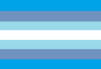 A seven striped flag. The first and seventh stripes are blue, second and sixth are a blue-grey, third and fifth are light blue, and the fourth is white.
