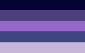 A five striped flag for fibromyalgia. The first stripe is a dark blue, the second is a semi-dark blueish-purple, the third is a brighter pinkish-purple, the fourth is a dark purpleish-blue, and the final is a very light purple.