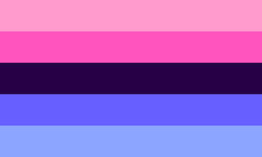 a five striped flag. the top two stripes are a lighter and darker shade of pink, the middle is a purple-black, and the last two stripes are a darker and lighter blue.